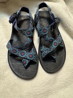 Chaco Women's Navy Sandals with Teal and Pink Patterned Straps
